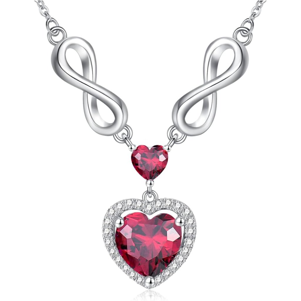 Mother's Day Sterling Silver Infinity Heart Necklace With Ruby Red Birthstone, 1